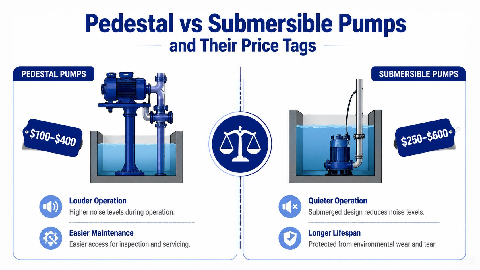 A comparison chart showing the differences, benefits, and price ranges of pedestal versus submersible sump pumps.