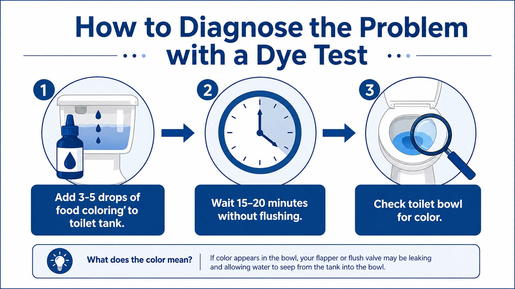 An infographic showing a three-step dye test to diagnose a leaking toilet tank.