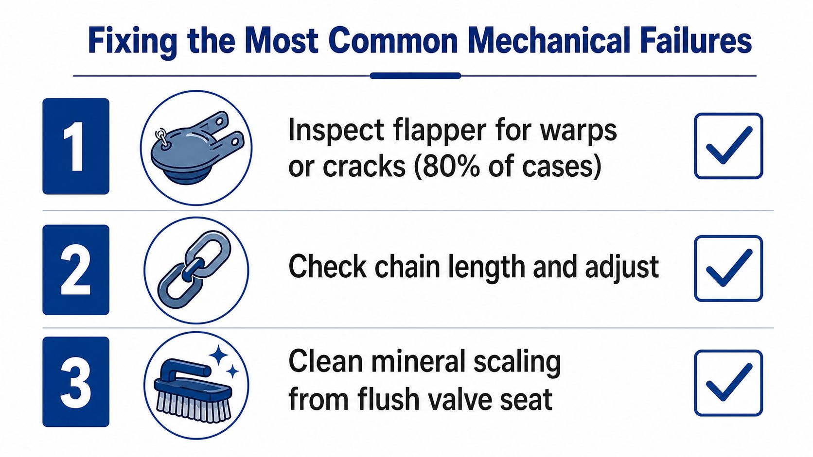 An infographic showing three steps to fix common mechanical failures that cause a toilet to run.