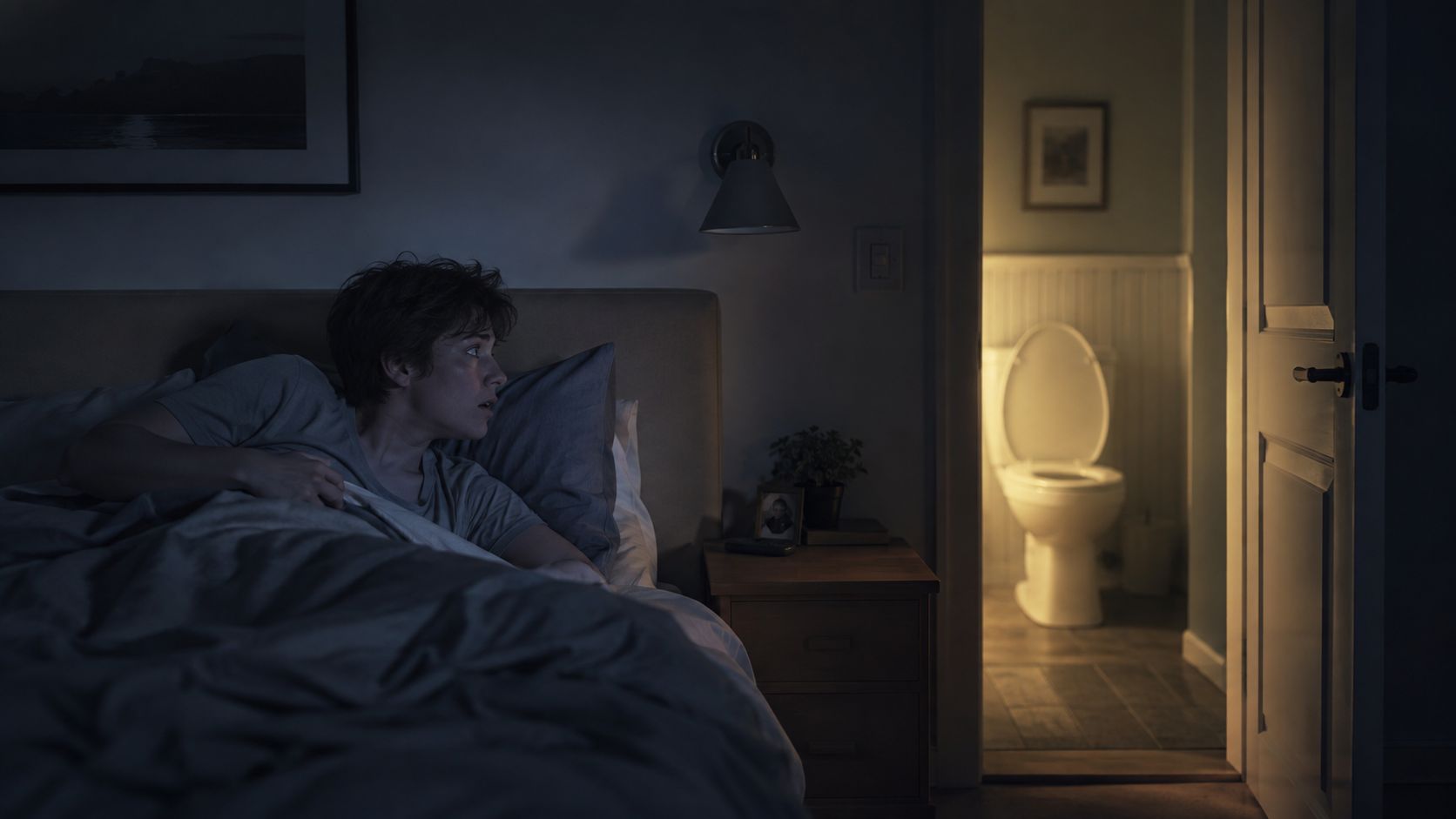 A person lying in bed at night, staring worriedly at a lit bathroom with the toilet lid open.