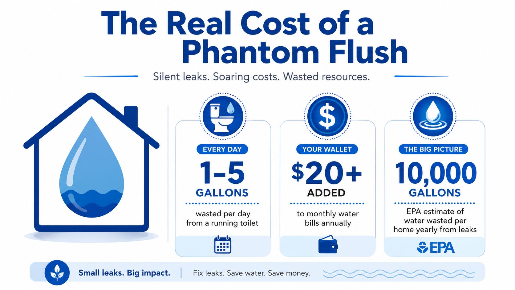 An infographic detailing the wasted water and financial costs caused by a leaking toilet or phantom flush.