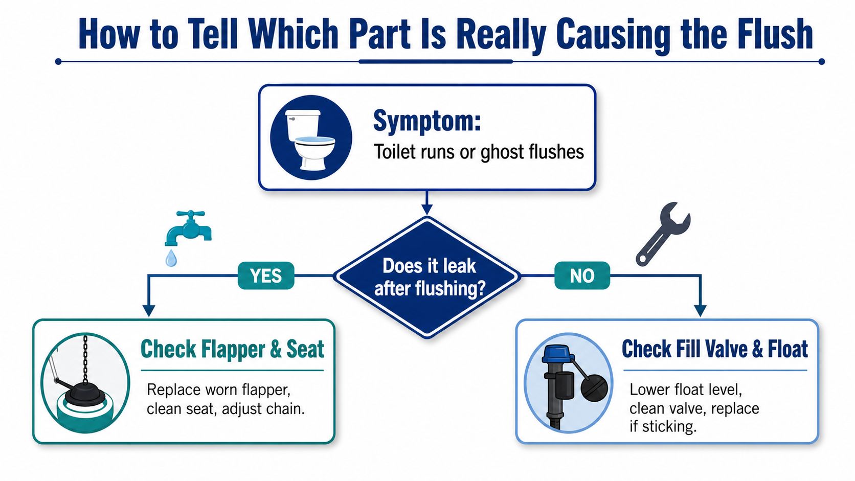A flowchart guide explaining how to troubleshoot a toilet that runs or ghost flushes by checking components.
