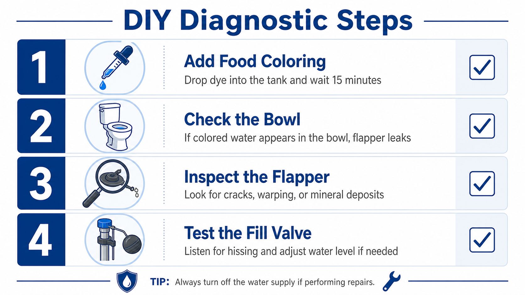A DIY guide infographic illustrating four steps to diagnose a toilet that is flushing on its own.