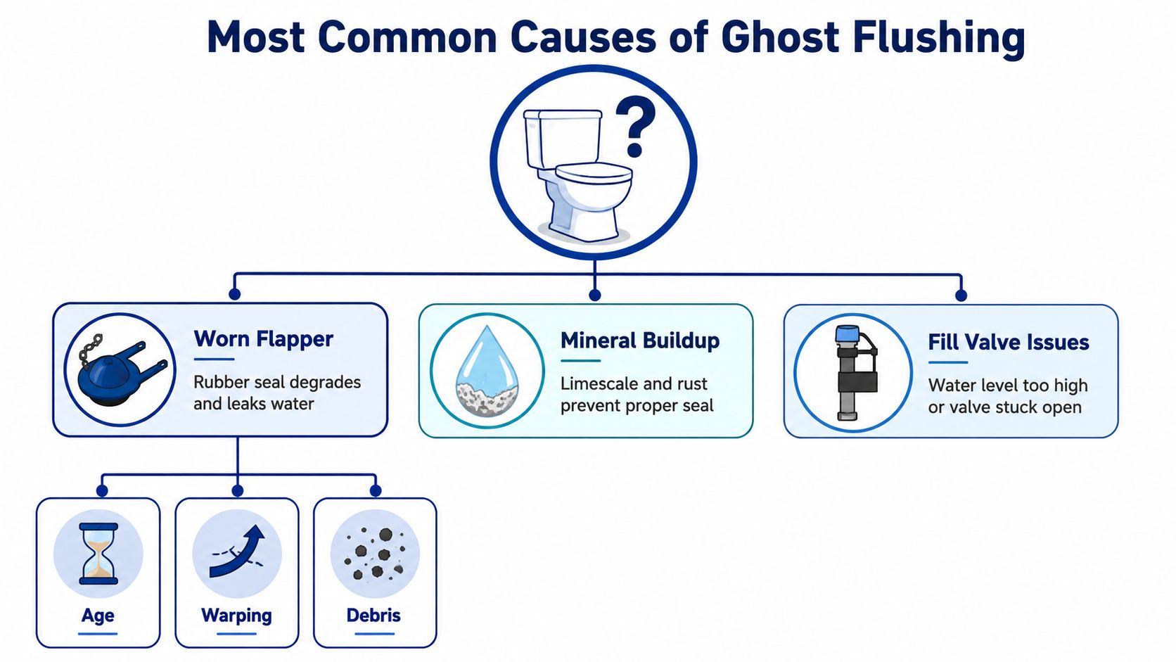 An infographic showing the three primary causes of ghost flushing in toilets: worn flapper, mineral buildup, and fill valve issues.