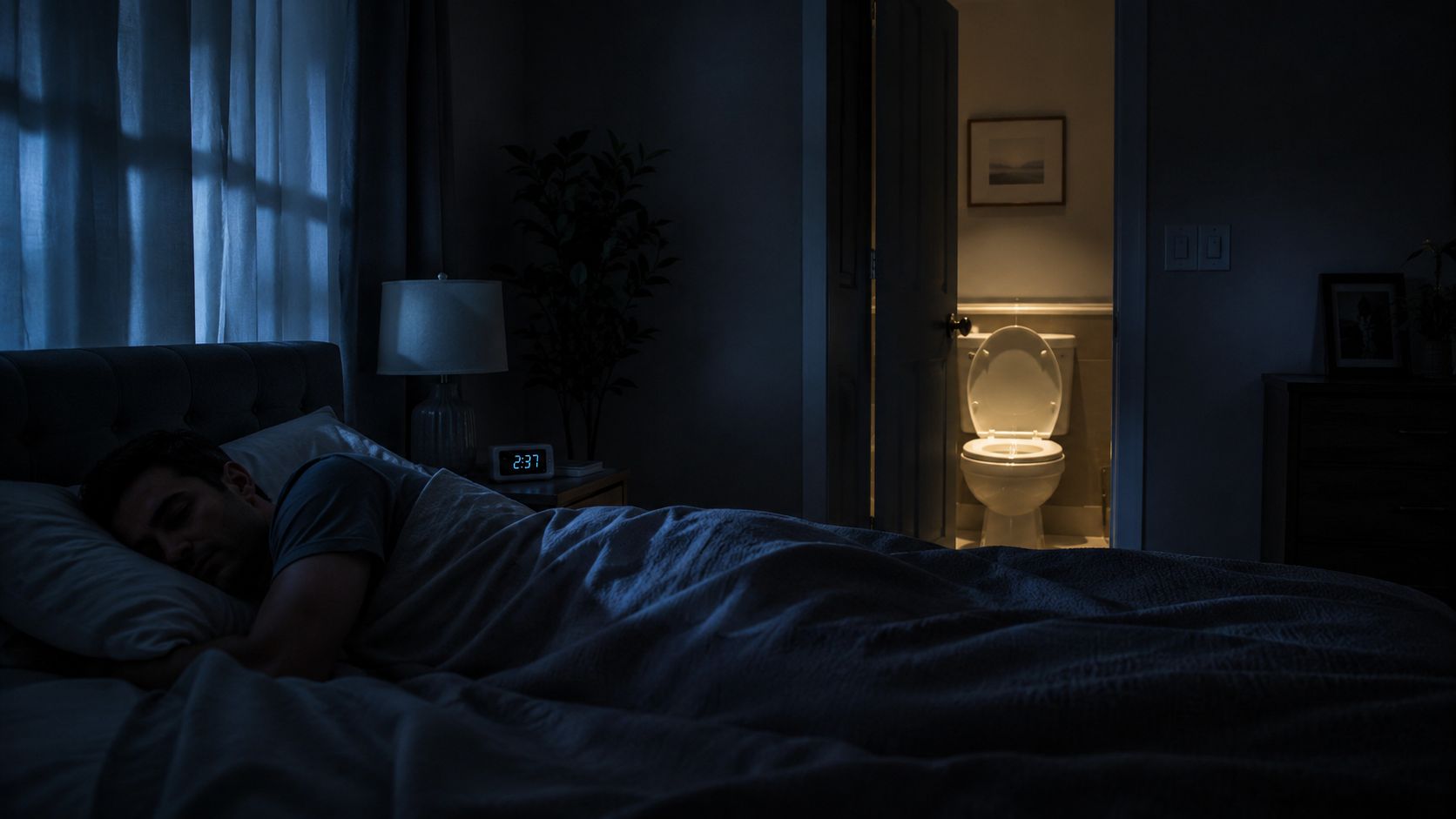 A man sleeps soundly in bed while a toilet in the adjacent bathroom flushes on its own.