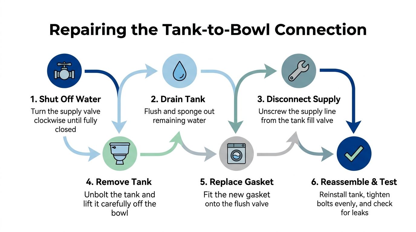 A six-step infographic illustrating the process of repairing a leaking toilet tank to bowl connection.