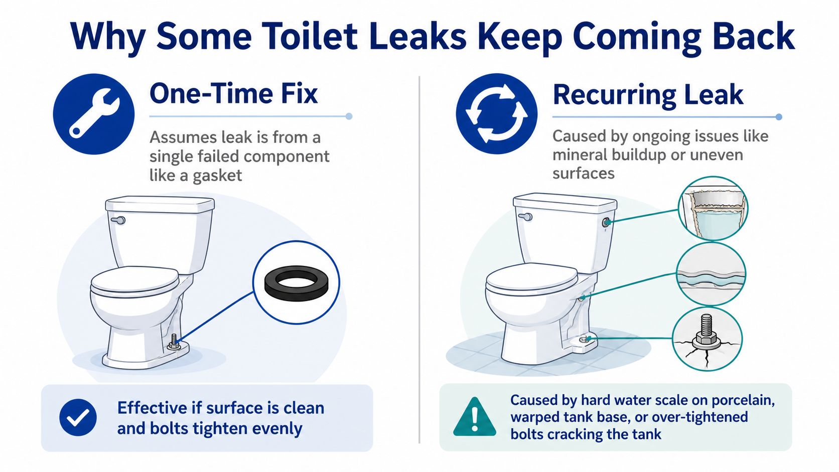 An infographic illustrating why some toilet leaks persist, comparing one-time fixes with recurring issues like mineral buildup.