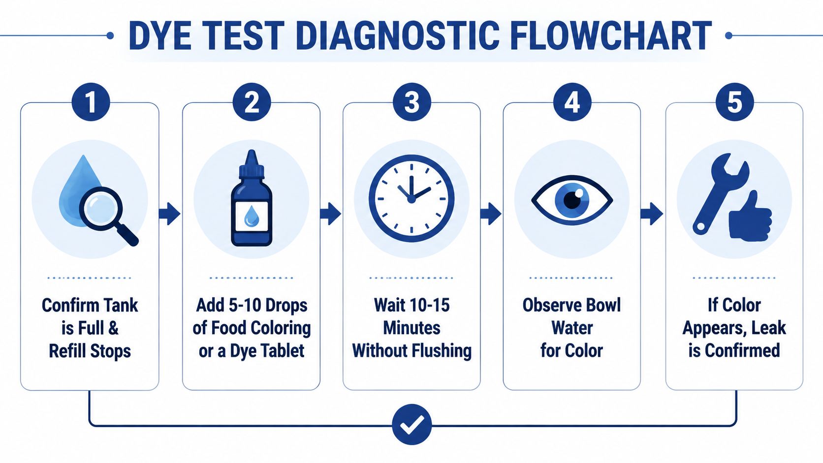 A diagnostic flowchart showing five steps to detect a toilet tank leak using food coloring or dye.