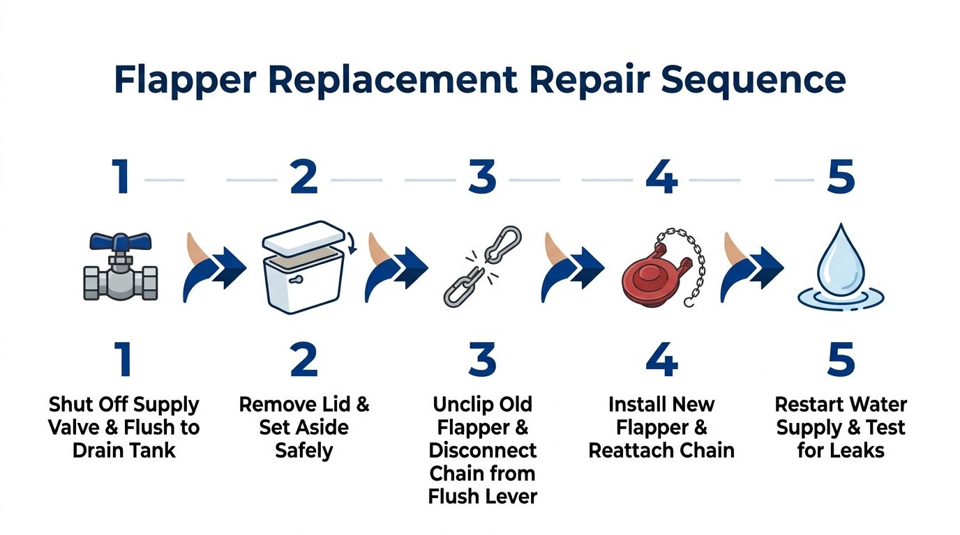 A five-step instructional diagram illustrating how to replace a toilet flapper for repair and maintenance.