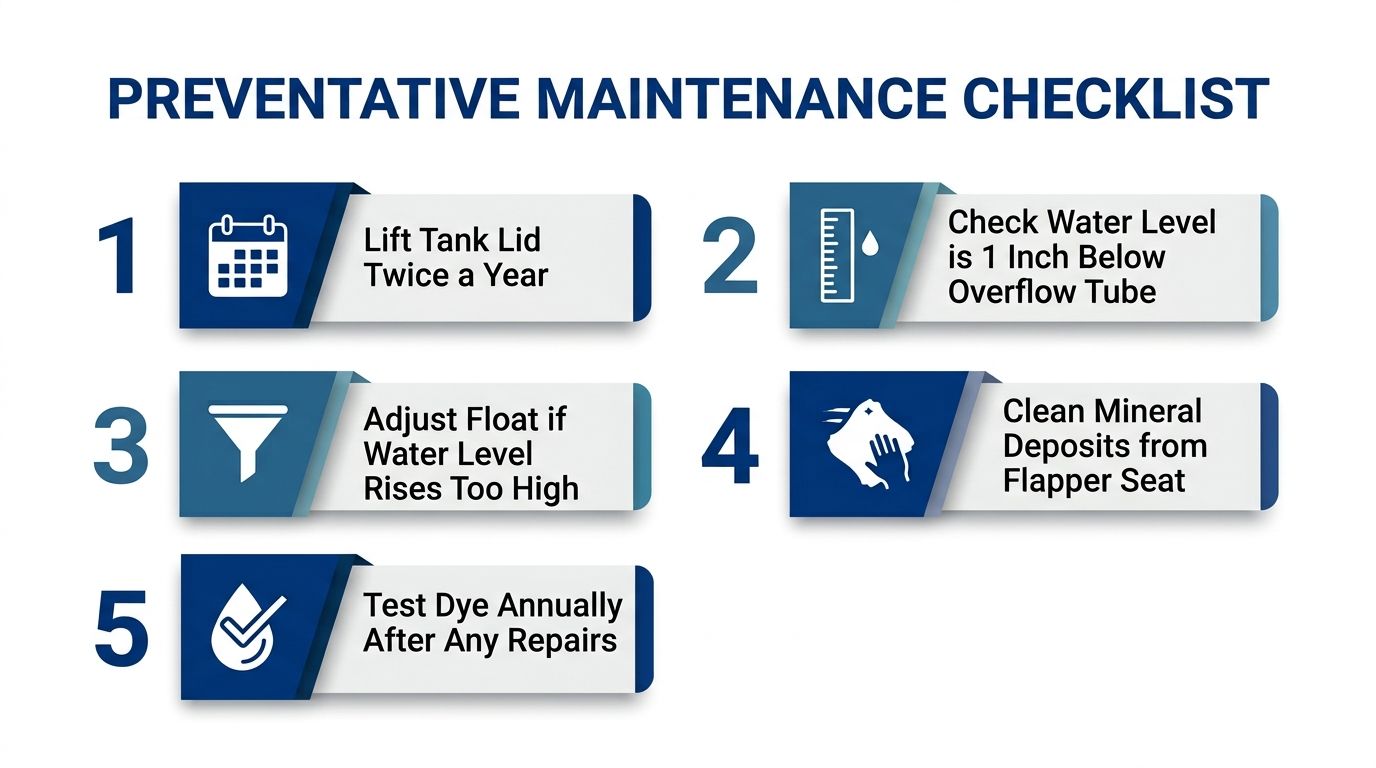 A maintenance checklist for toilet tanks with five numbered steps for ensuring proper function and preventing leaks.