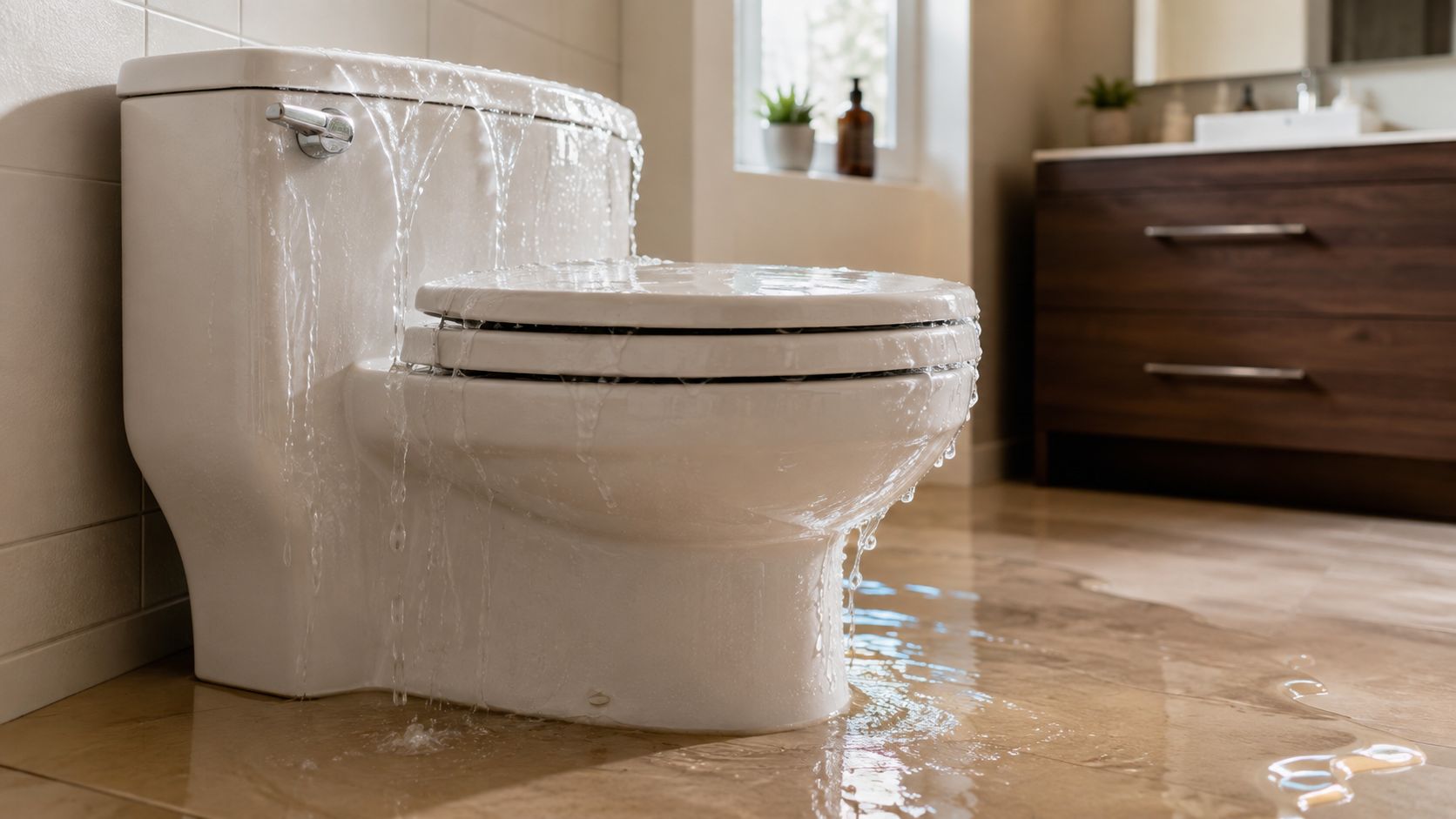 A white toilet overflowing with water spilling onto the bathroom floor in a residential home setting.