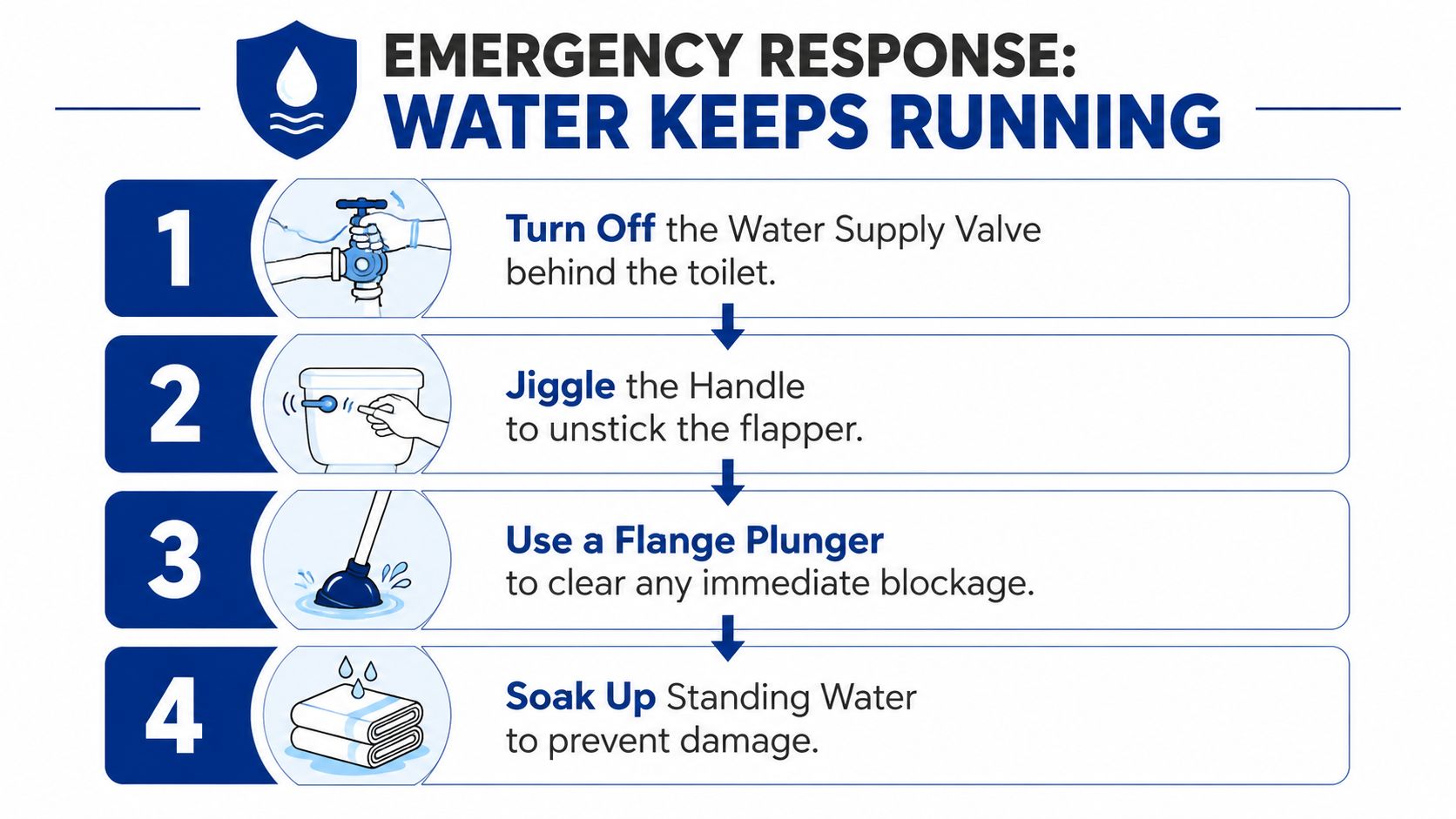 An instructional infographic titled Emergency Response: Water Keeps Running showing four steps to fix an overflowing toilet.