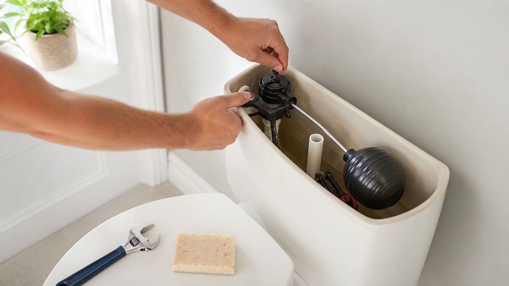 A professional repairman adjusting the fill valve mechanism inside a toilet tank with tools nearby.