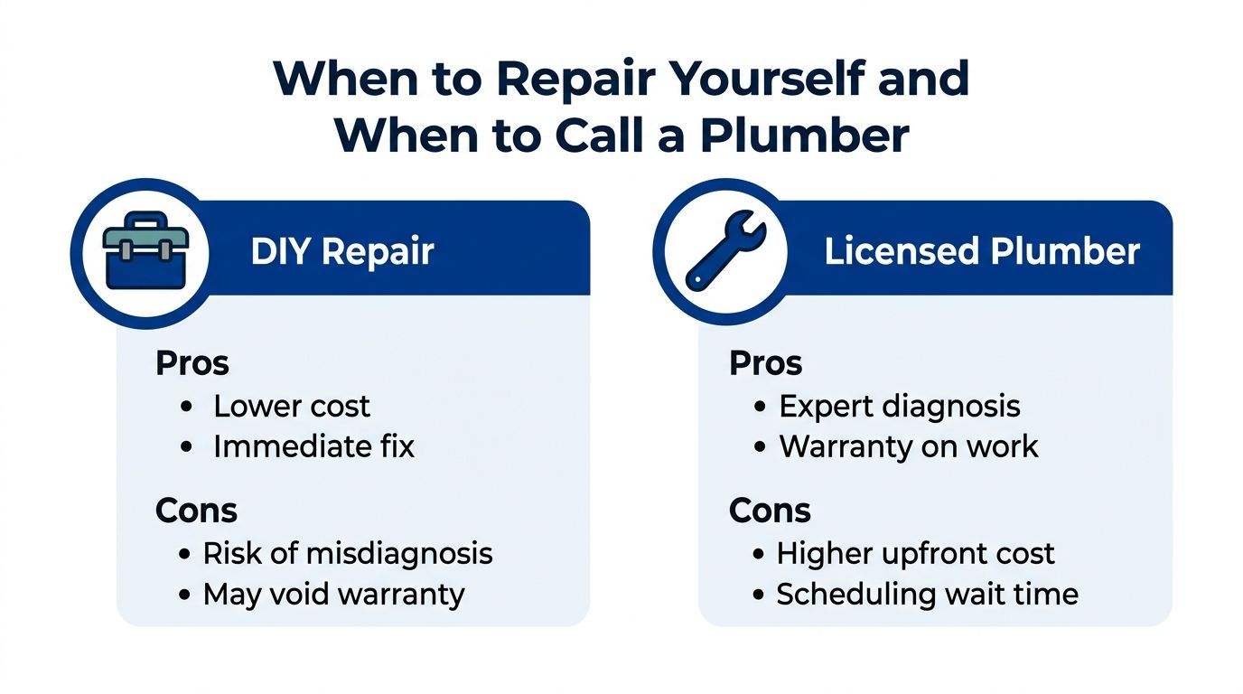 A comparison chart outlining the pros and cons of performing DIY plumbing repairs versus hiring a licensed professional.