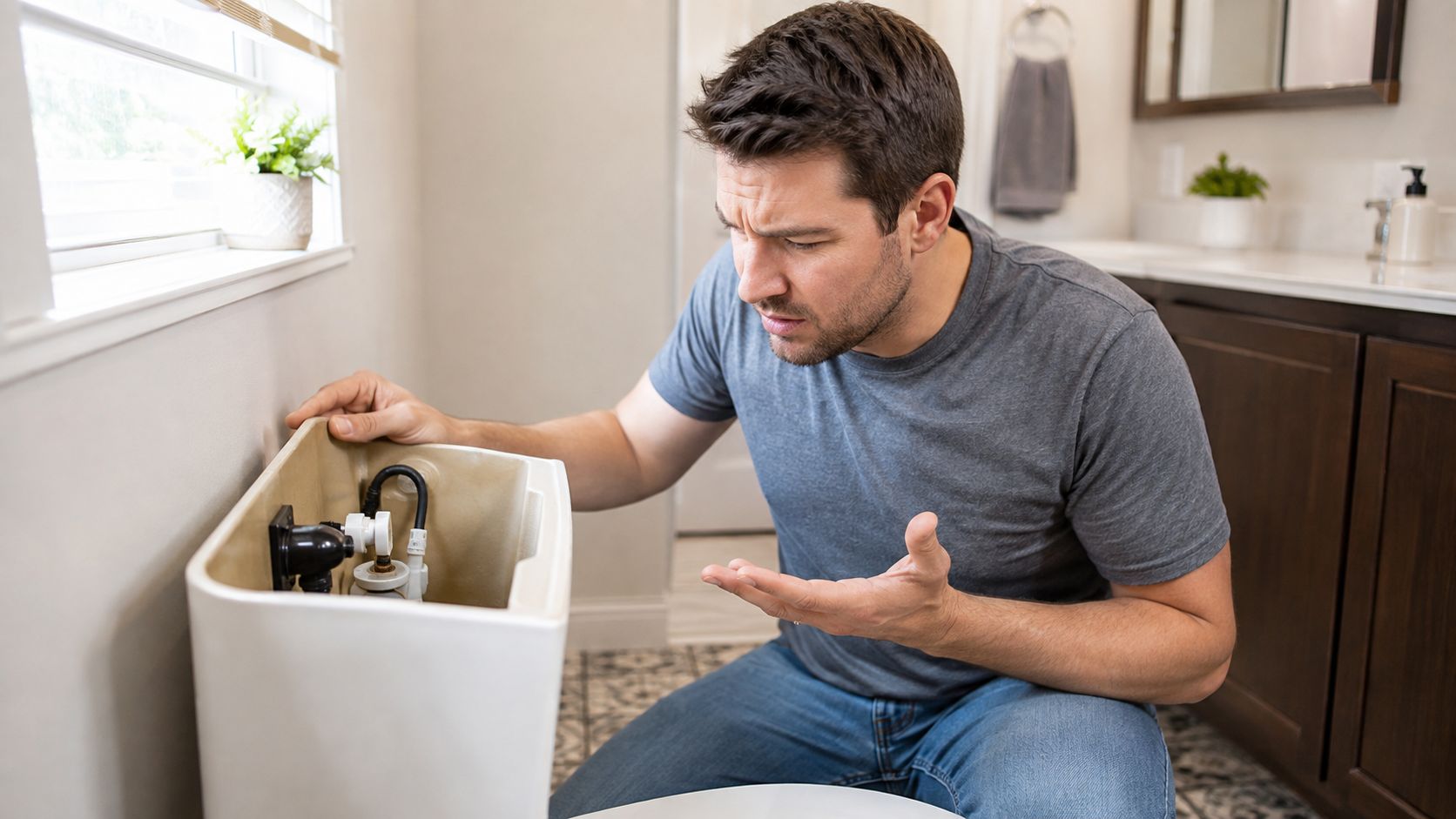 A confused man looking inside an open toilet tank while trying to troubleshoot plumbing issues.