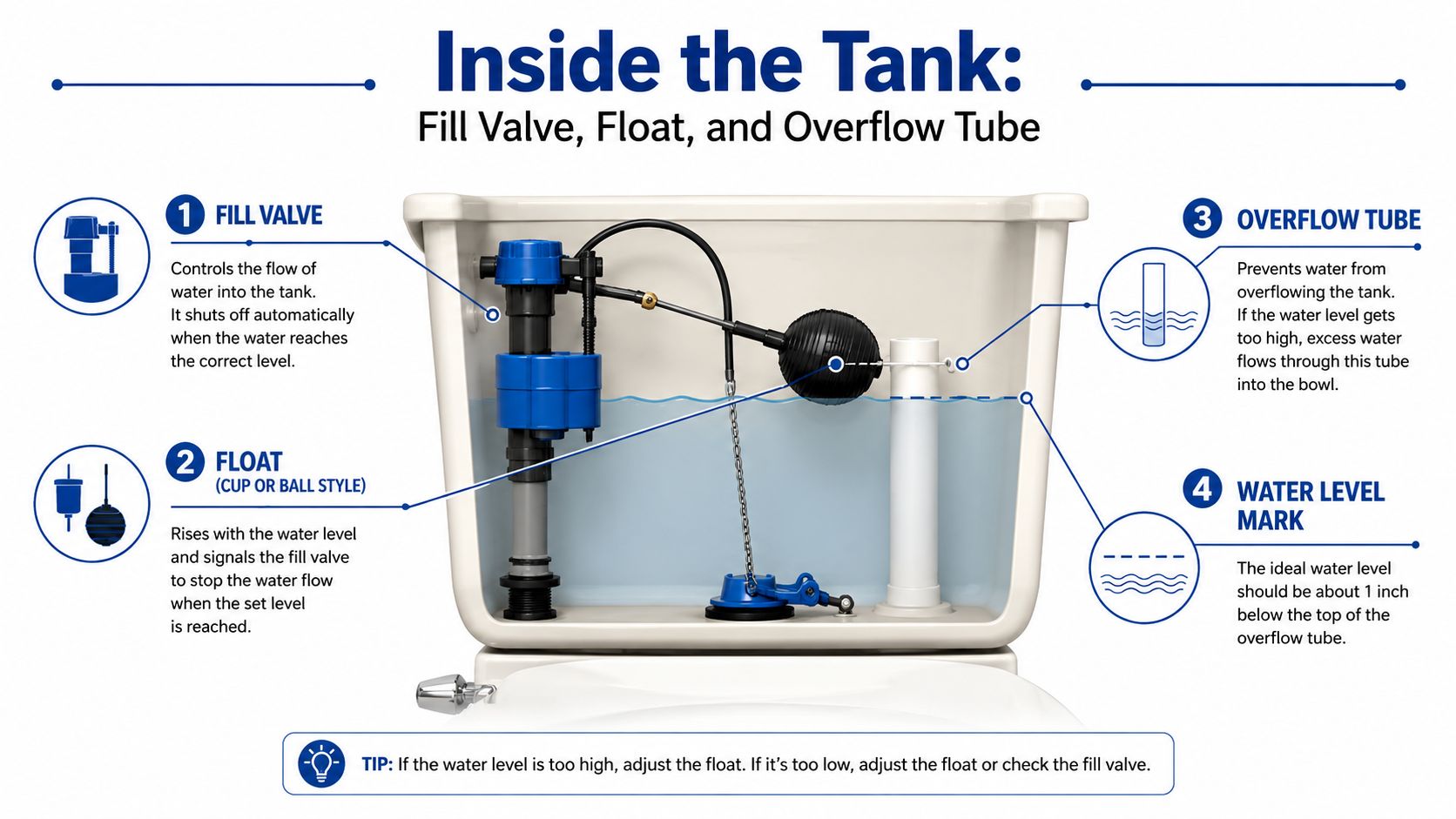 A diagram of the inside of a toilet tank showing the fill valve, float, and overflow tube.