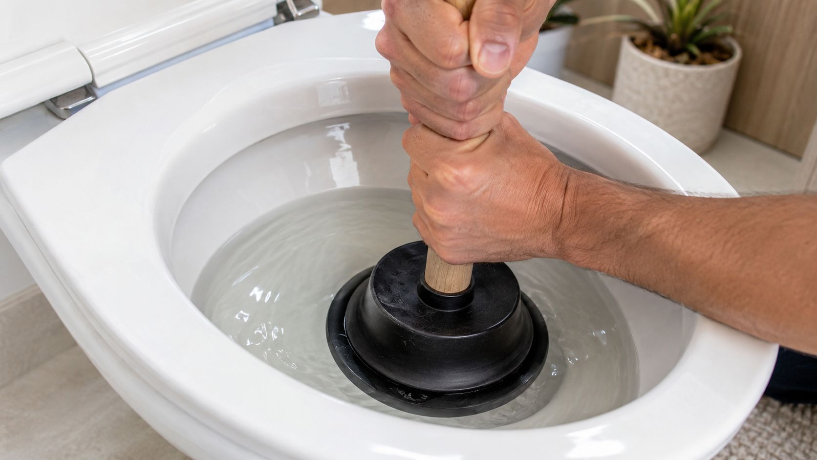A close-up view of a person using a rubber plunger to clear a clogged white toilet bowl.