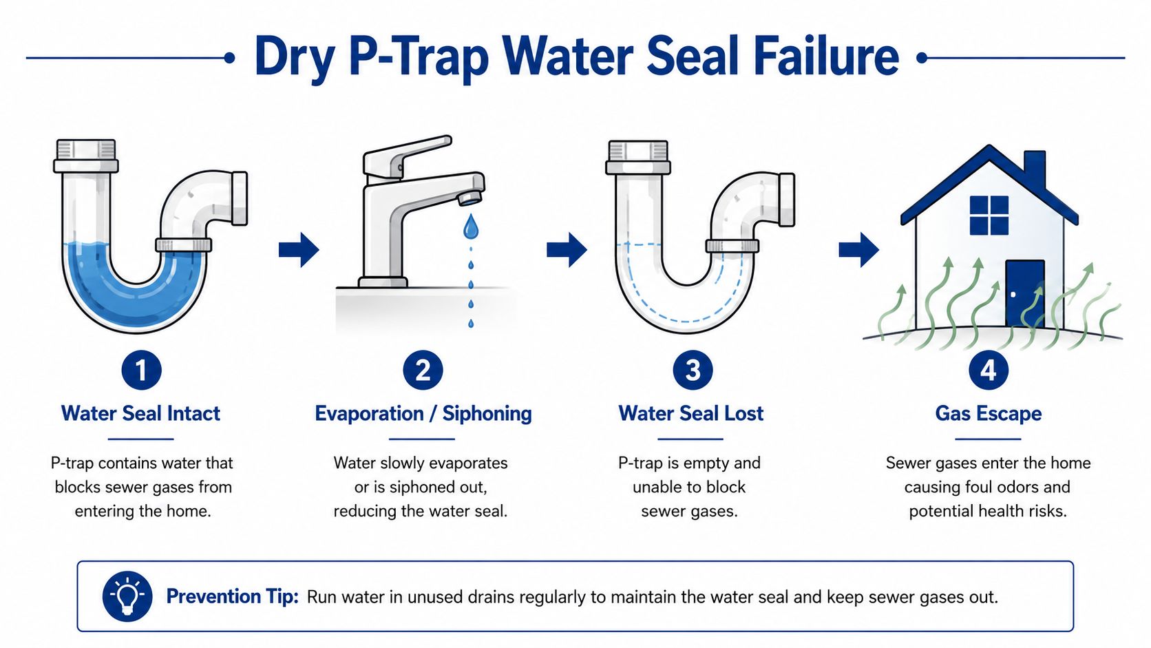 A diagram illustrating how dry P-trap water seals cause sewer gas to escape into a home.