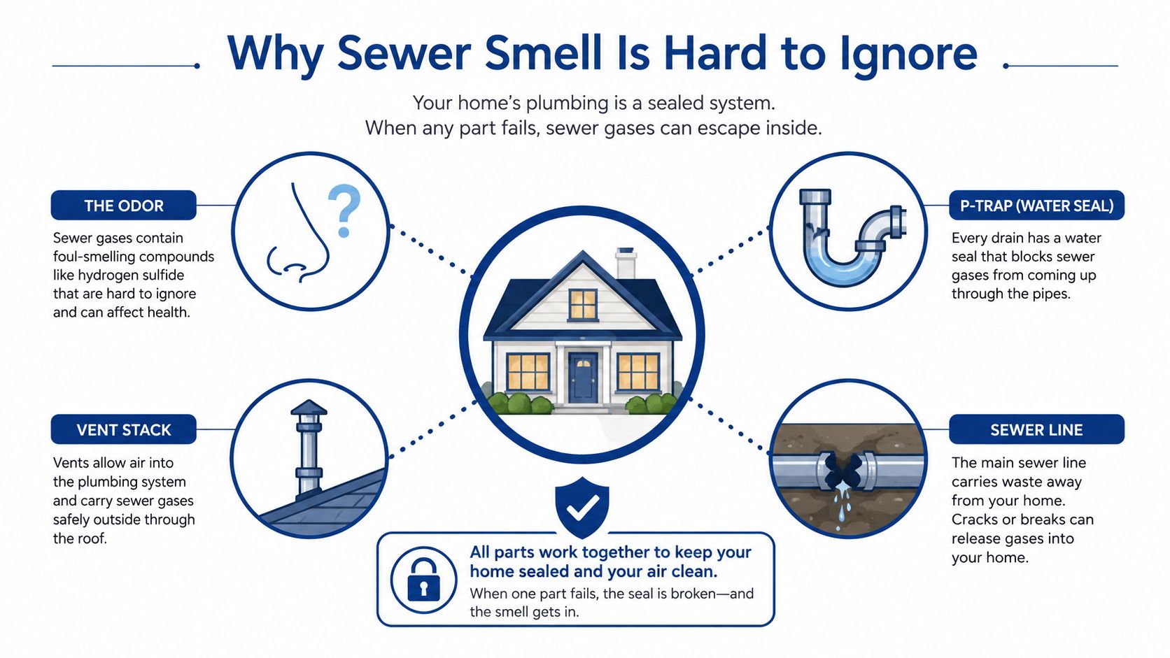 A diagram explaining why sewer smells enter a home due to plumbing system failures in pipes.