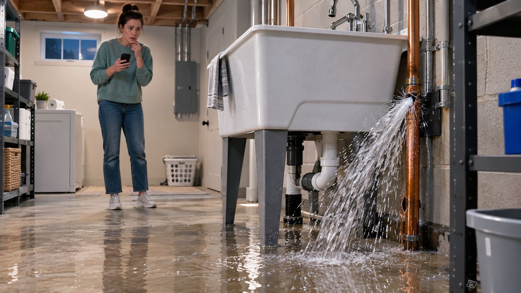 A distressed woman in a flooded basement looks at her phone while a copper pipe bursts nearby.