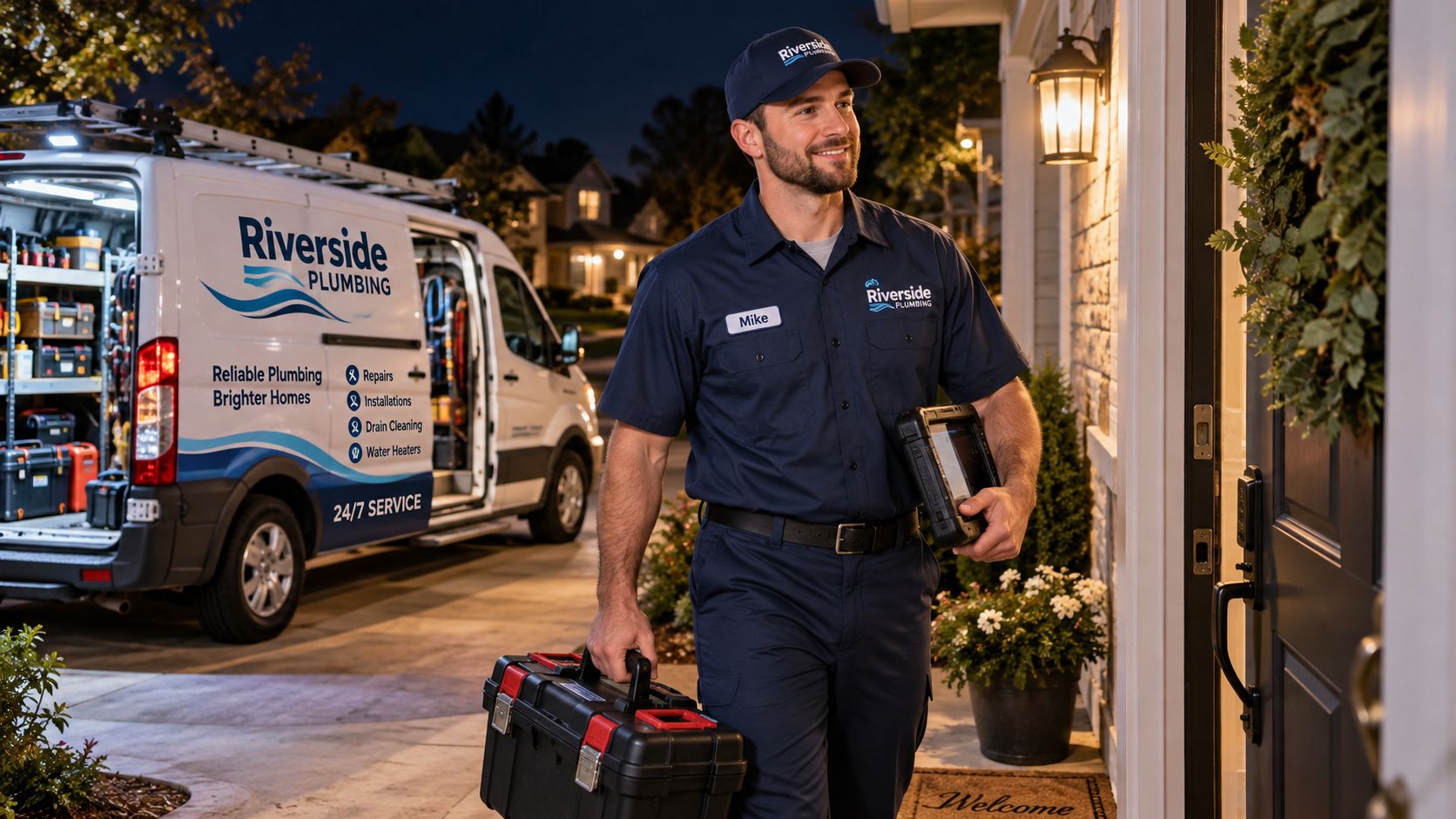 A professional Riverside Plumbing technician with a toolkit arriving at a house for a service call.
