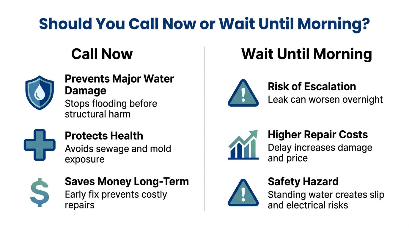 An infographic comparing reasons to call a plumber immediately versus waiting until the morning.