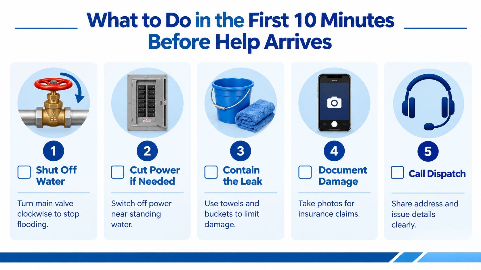 A helpful infographic showing five essential steps to take during a plumbing emergency before professionals arrive.