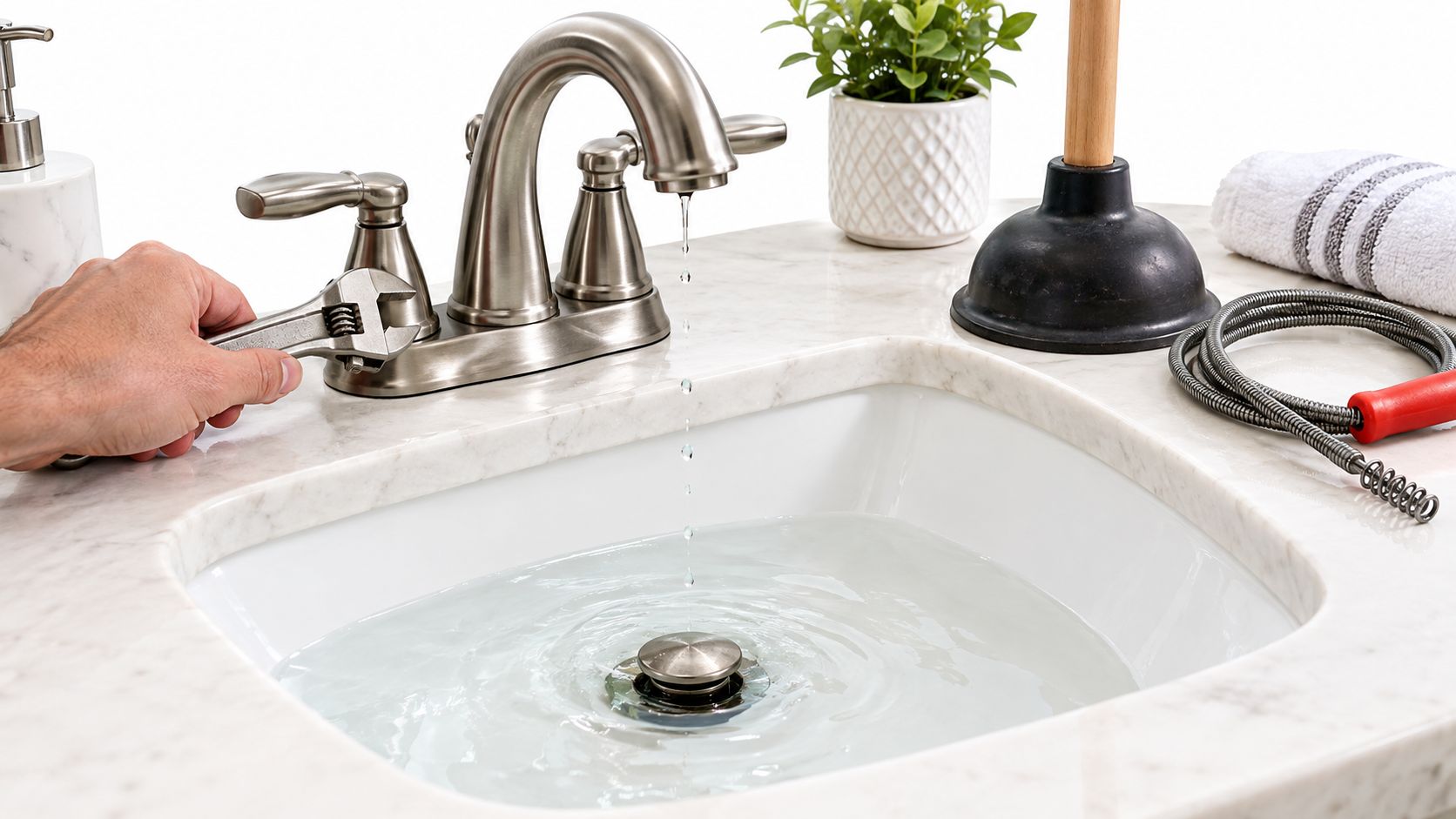 A hand using an adjustable wrench to repair a dripping bathroom sink faucet with plumbing tools nearby.