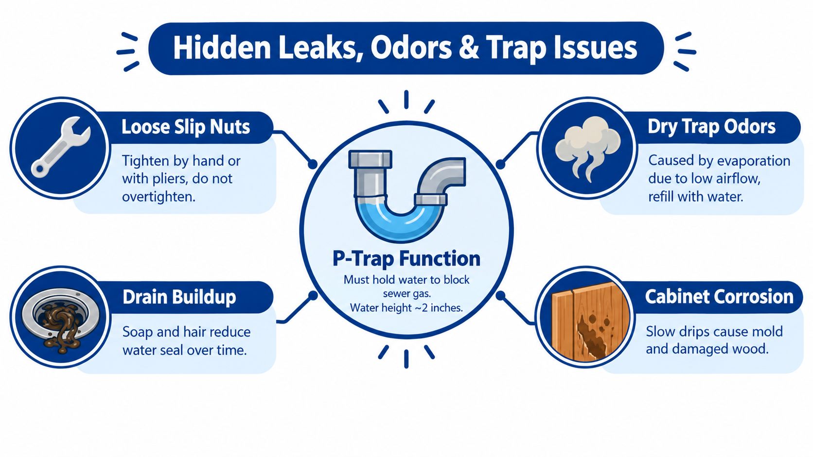 An infographic showing common plumbing problems including loose slip nuts, dry trap odors, drain buildup, and cabinet corrosion.