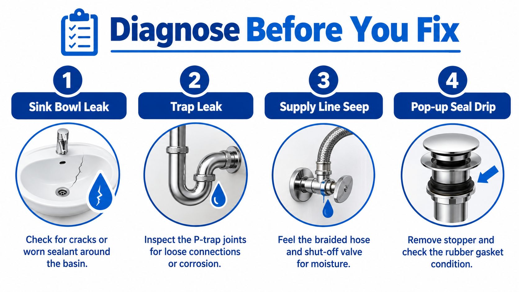 A four-step infographic showing how to diagnose common plumbing leaks in a bathroom sink.