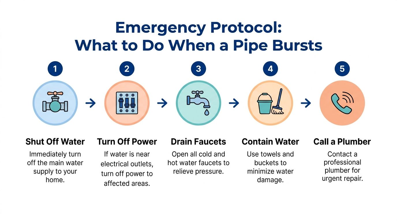 A step-by-step infographic titled Emergency Protocol showing what to do when a pipe bursts in your home.