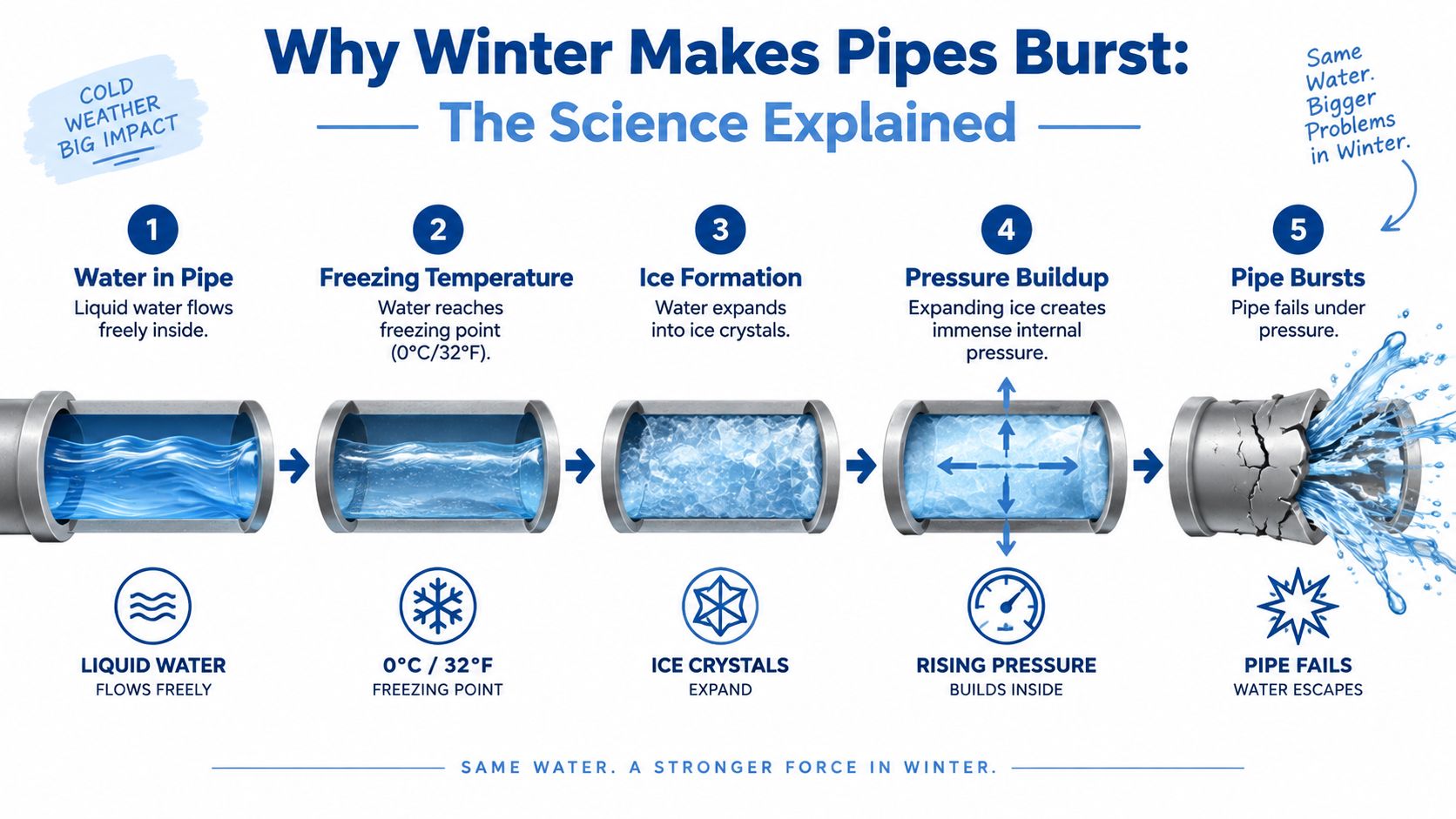 An infographic showing the five-step process of how water freezing in a pipe causes it to burst.