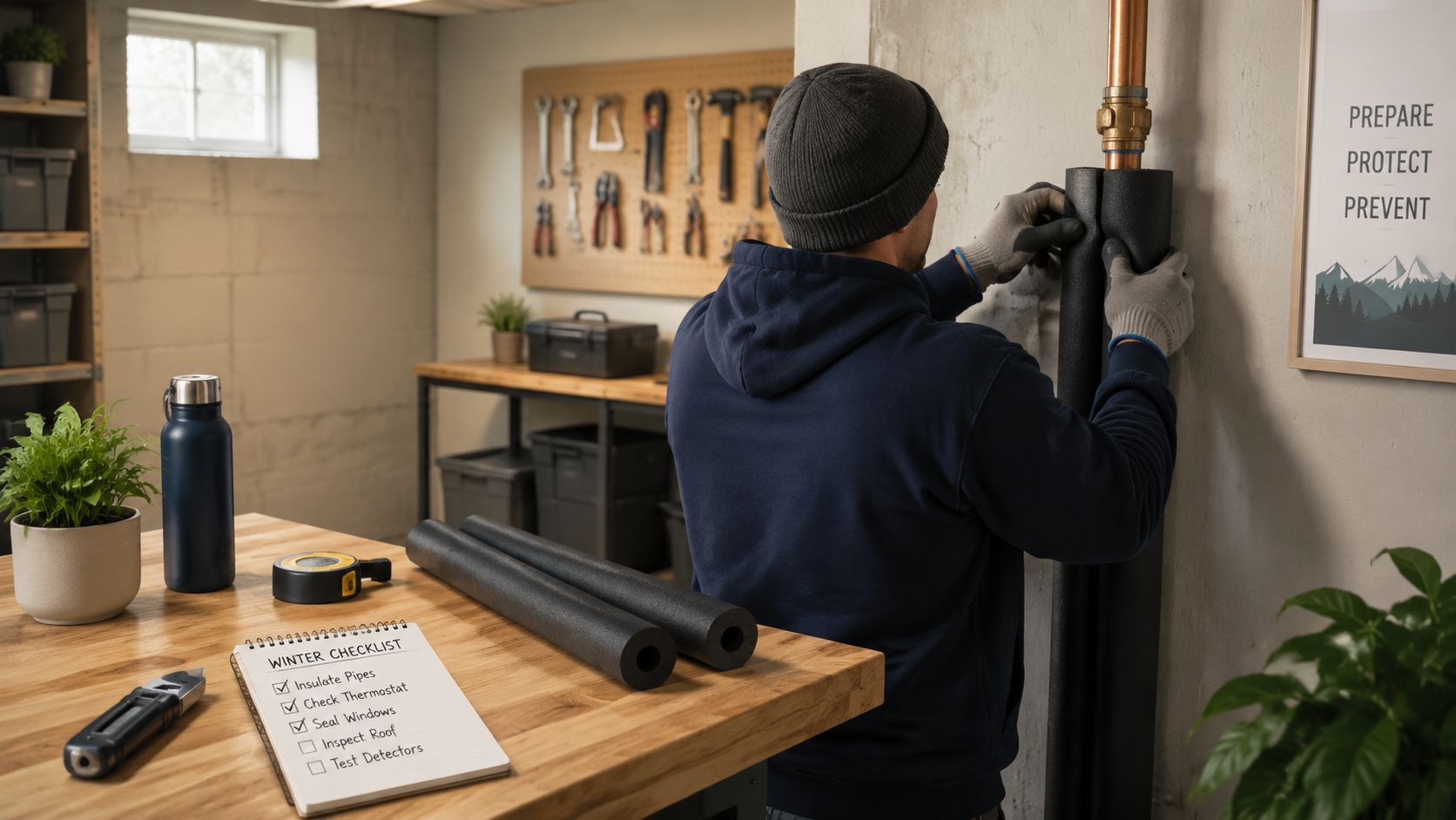 A person in a basement wearing gloves and a beanie insulating copper pipes for winter preparation.
