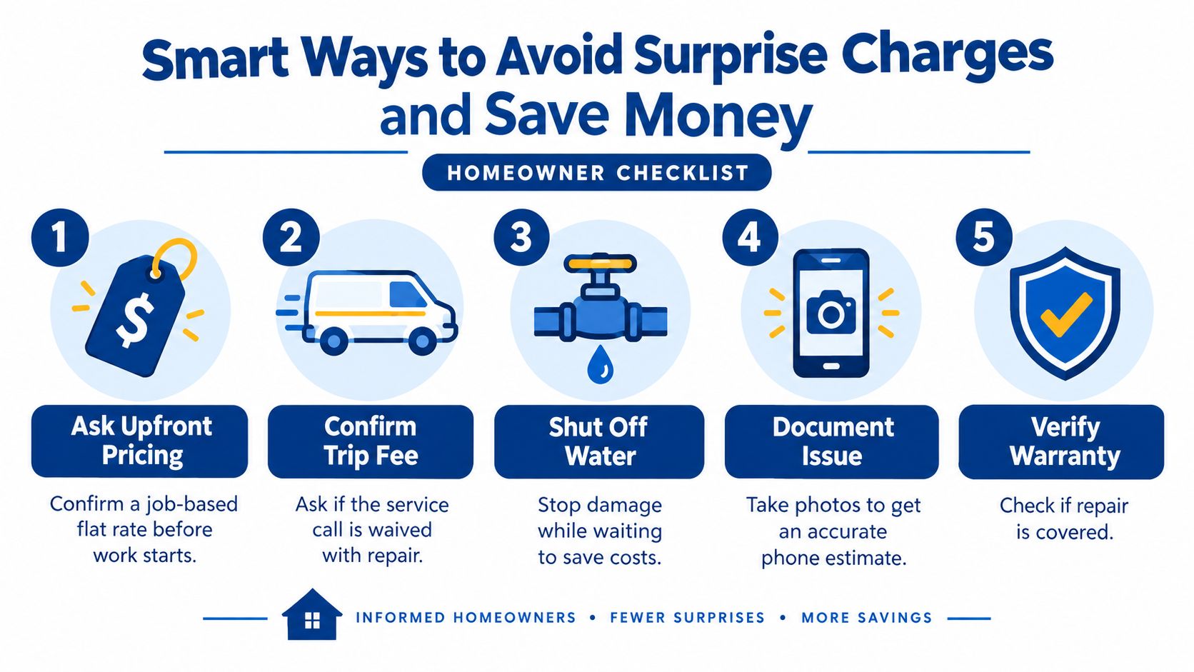 A helpful homeowner checklist for avoiding surprise plumbing charges and saving money on service calls.