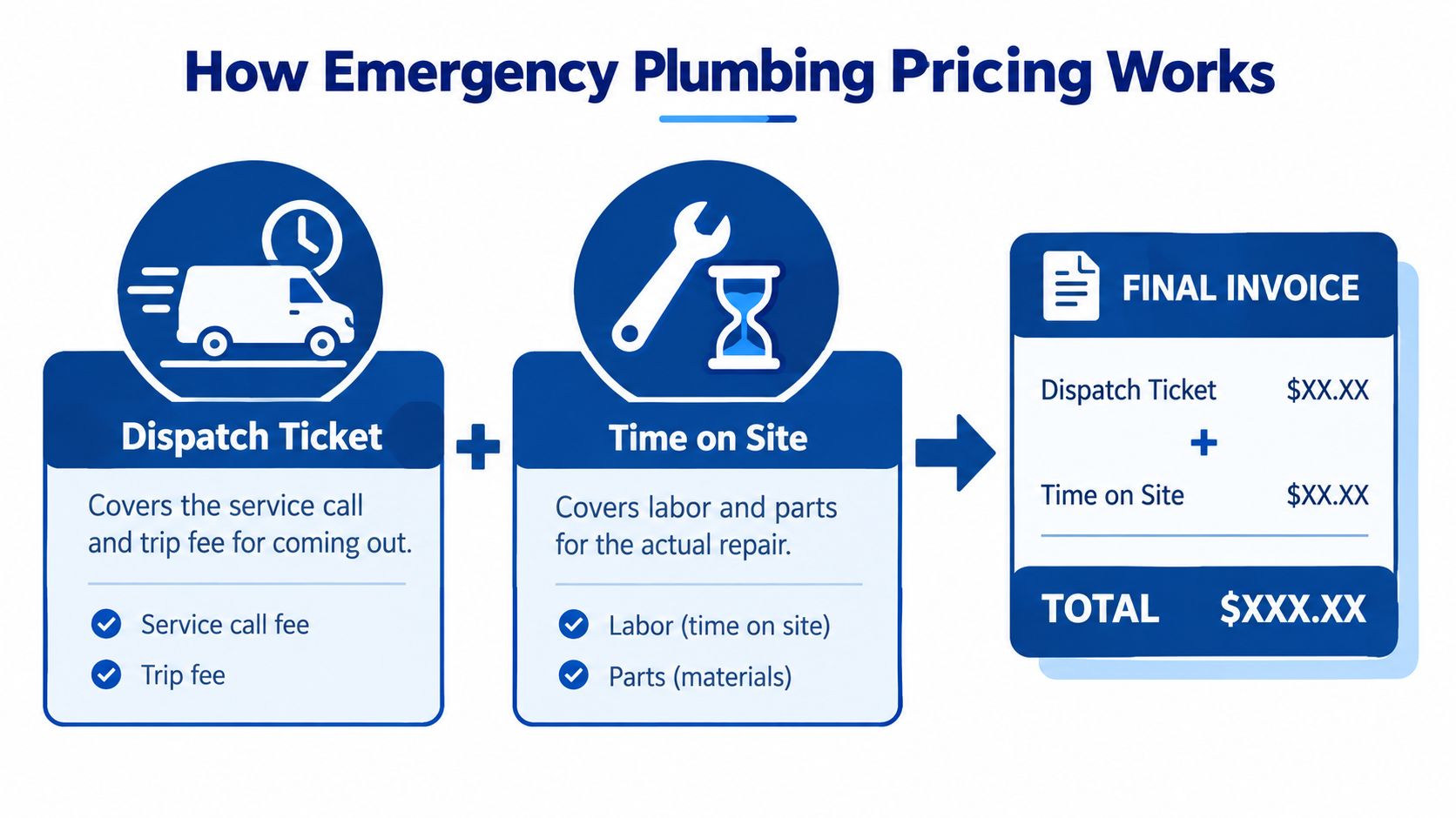 An infographic explaining how emergency plumbing costs are calculated using a dispatch ticket and site time.