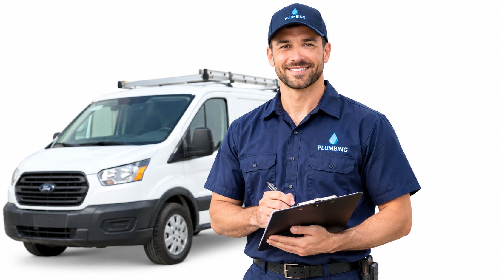 A friendly professional plumber in a uniform holding a clipboard with a work van in background.