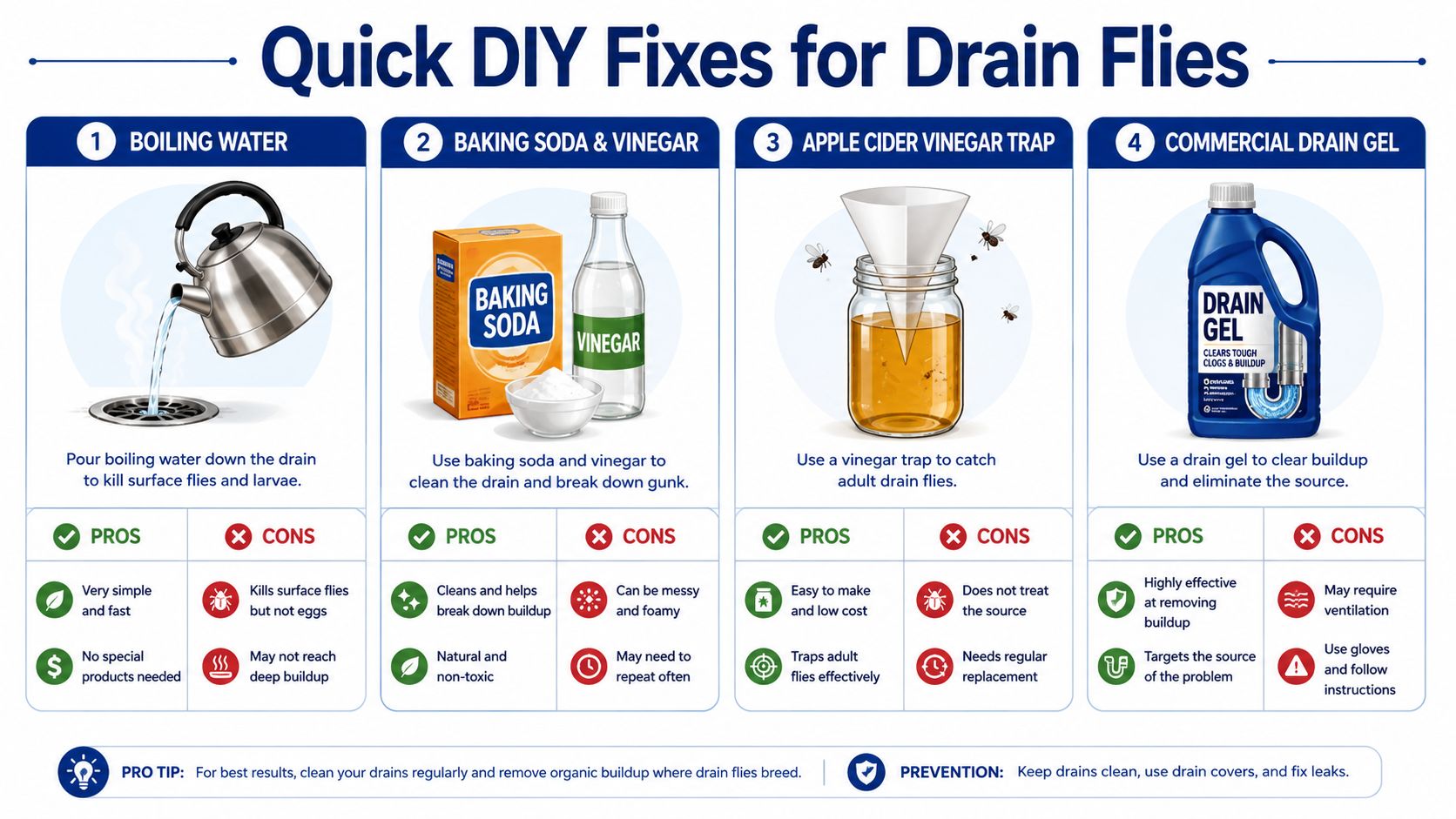 An infographic showing four quick DIY methods for effectively removing fruit flies from residential drains.