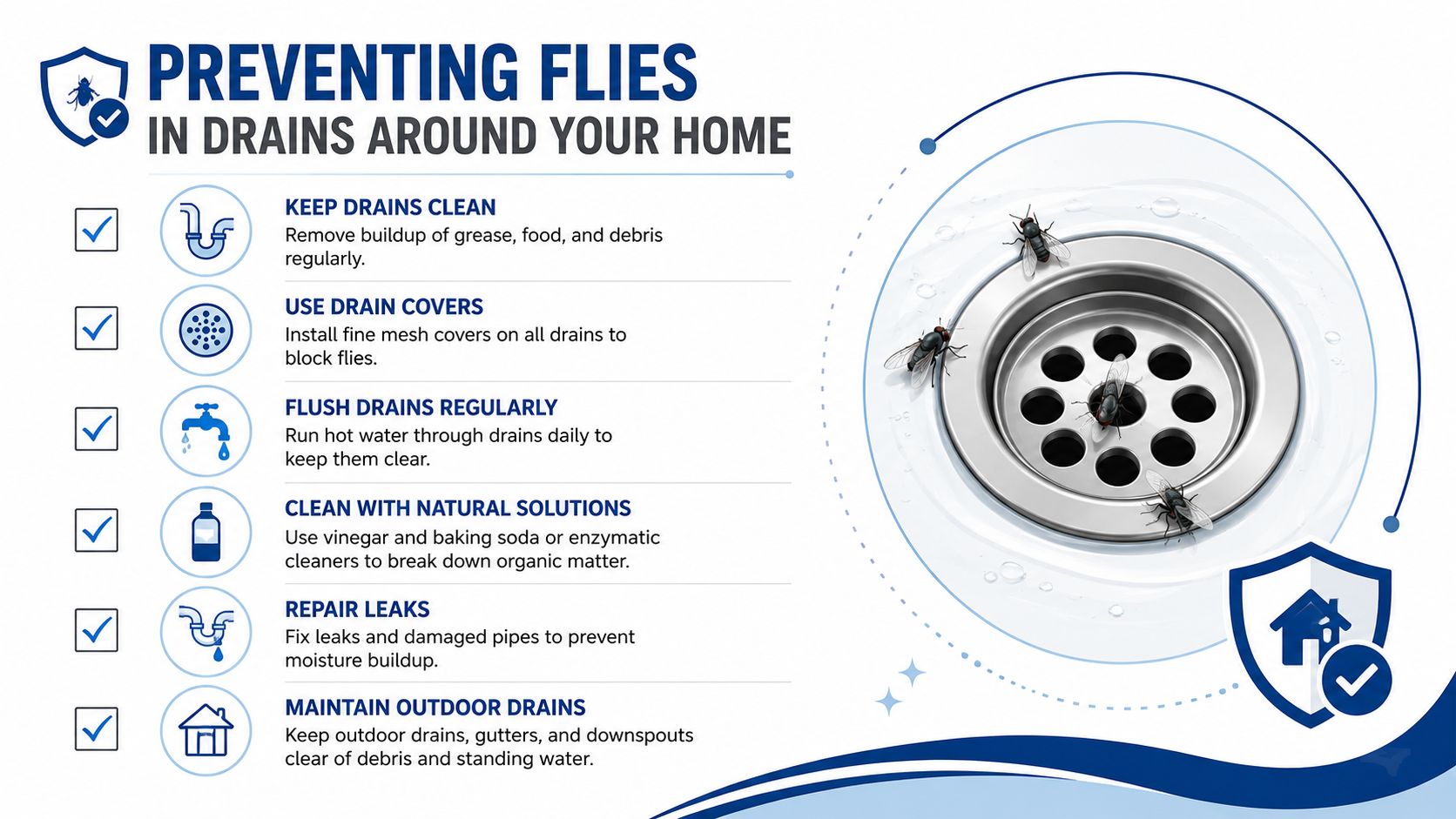 An infographic titled preventing flies in drains around your home with six tips to stop infestation.