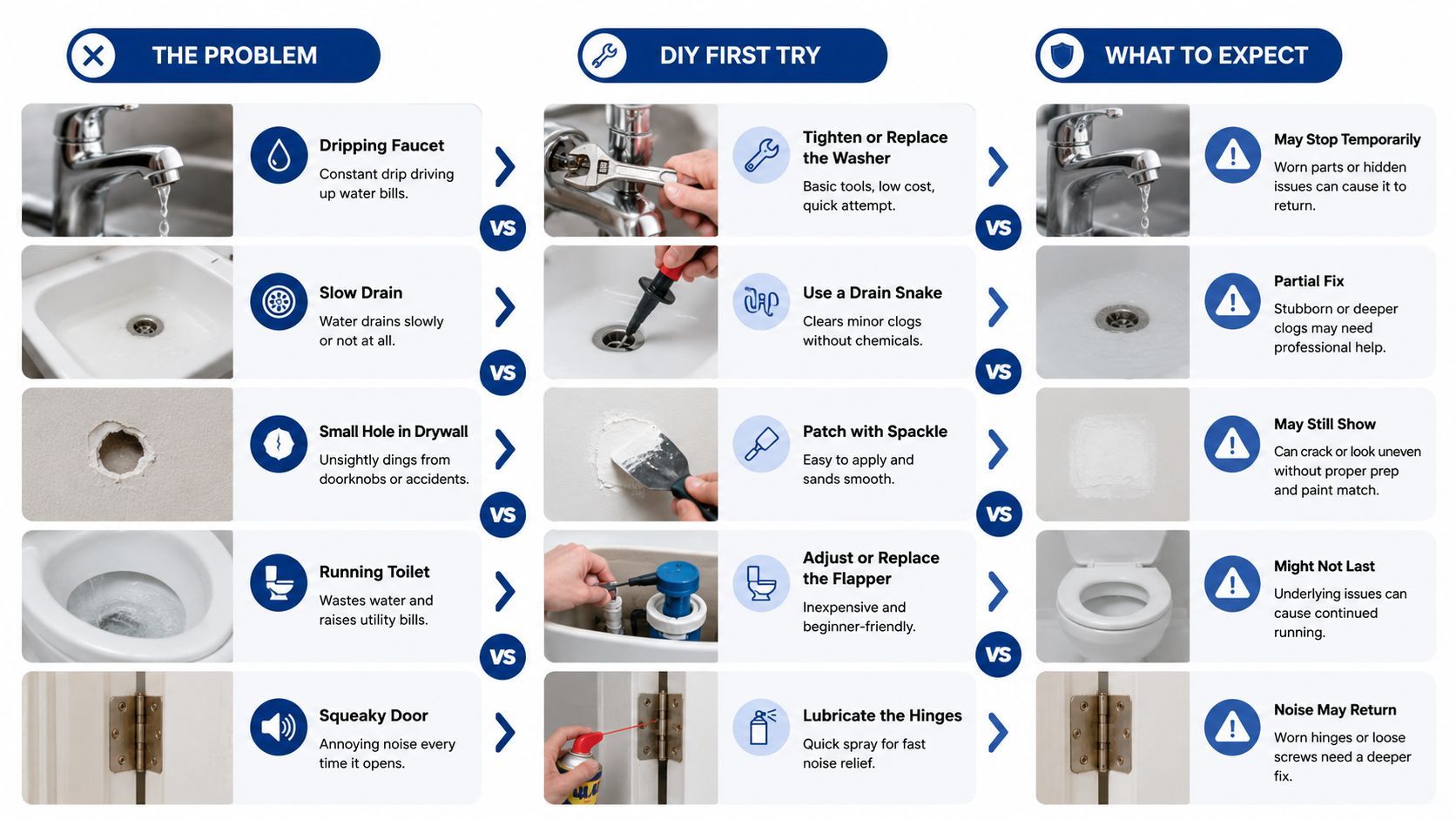 A comparison chart showing common household problems, DIY solutions, and the potential limitations of temporary fixes.