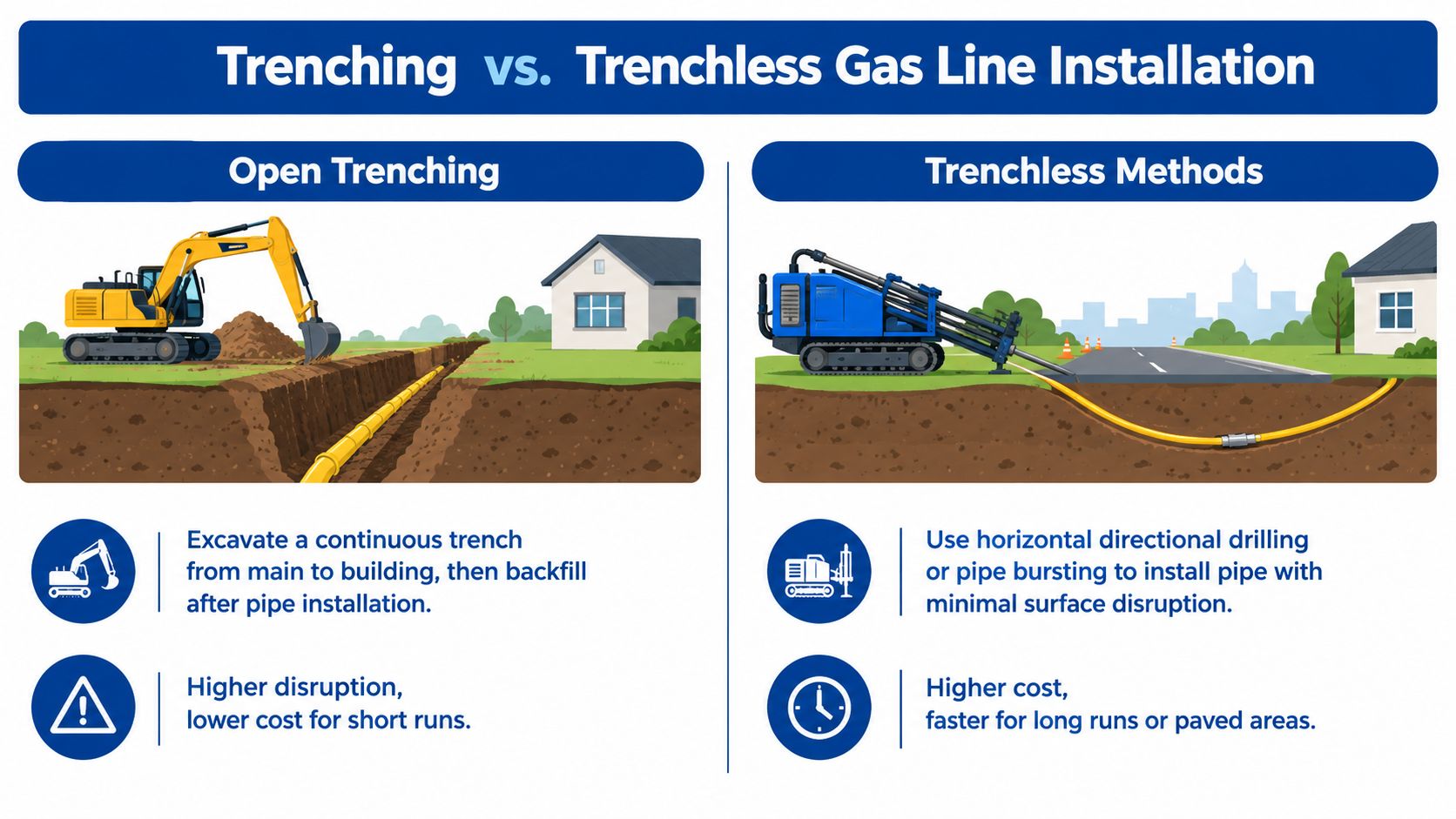 An infographic comparing open trenching and trenchless methods for installing gas service lines underground.