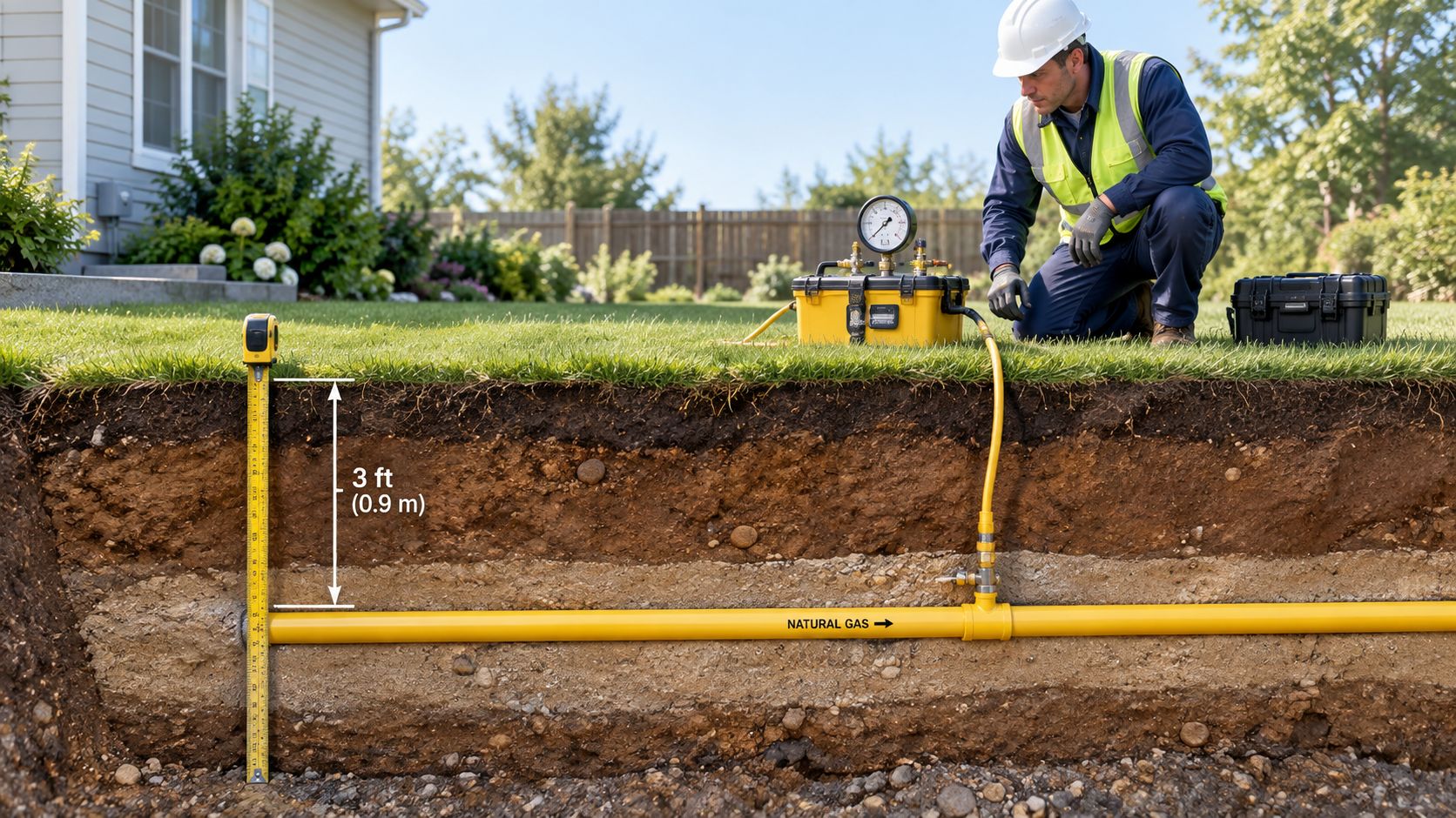 A technician kneeling by a yellow natural gas pipe buried three feet underground during a service line installation.