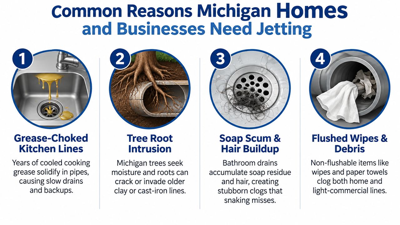 An infographic detailing four common reasons why Michigan homes and businesses require professional pipe hydro jetting services.