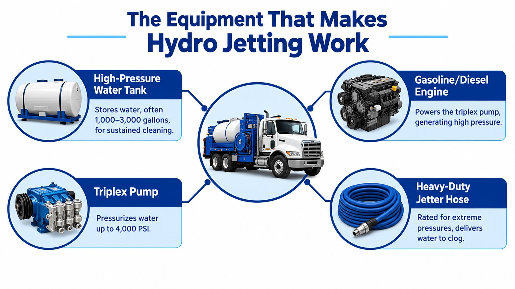 An infographic detailing the four essential components of hydro jetting equipment mounted on a utility truck.