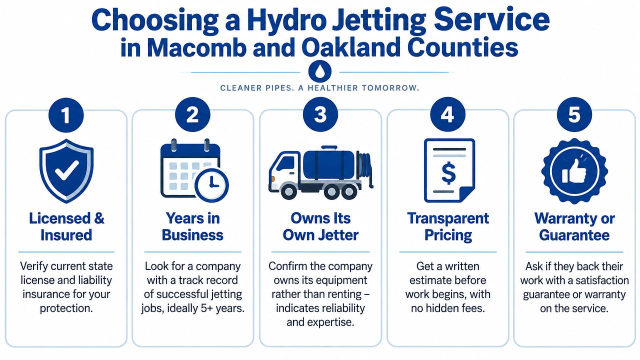 An infographic detailing five key factors to consider when choosing a hydro jetting plumbing service provider.