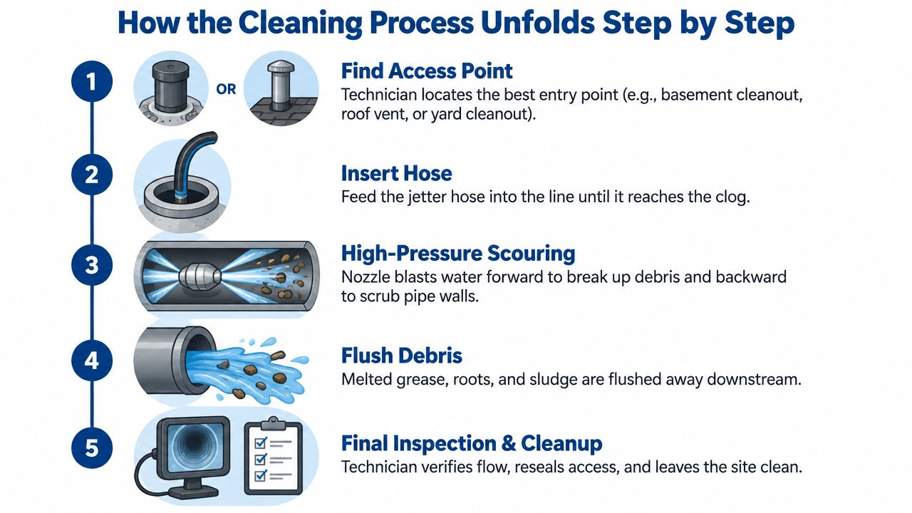 A five-step infographic illustrating the professional pipe hydro jetting and sewer cleaning process for residential systems.
