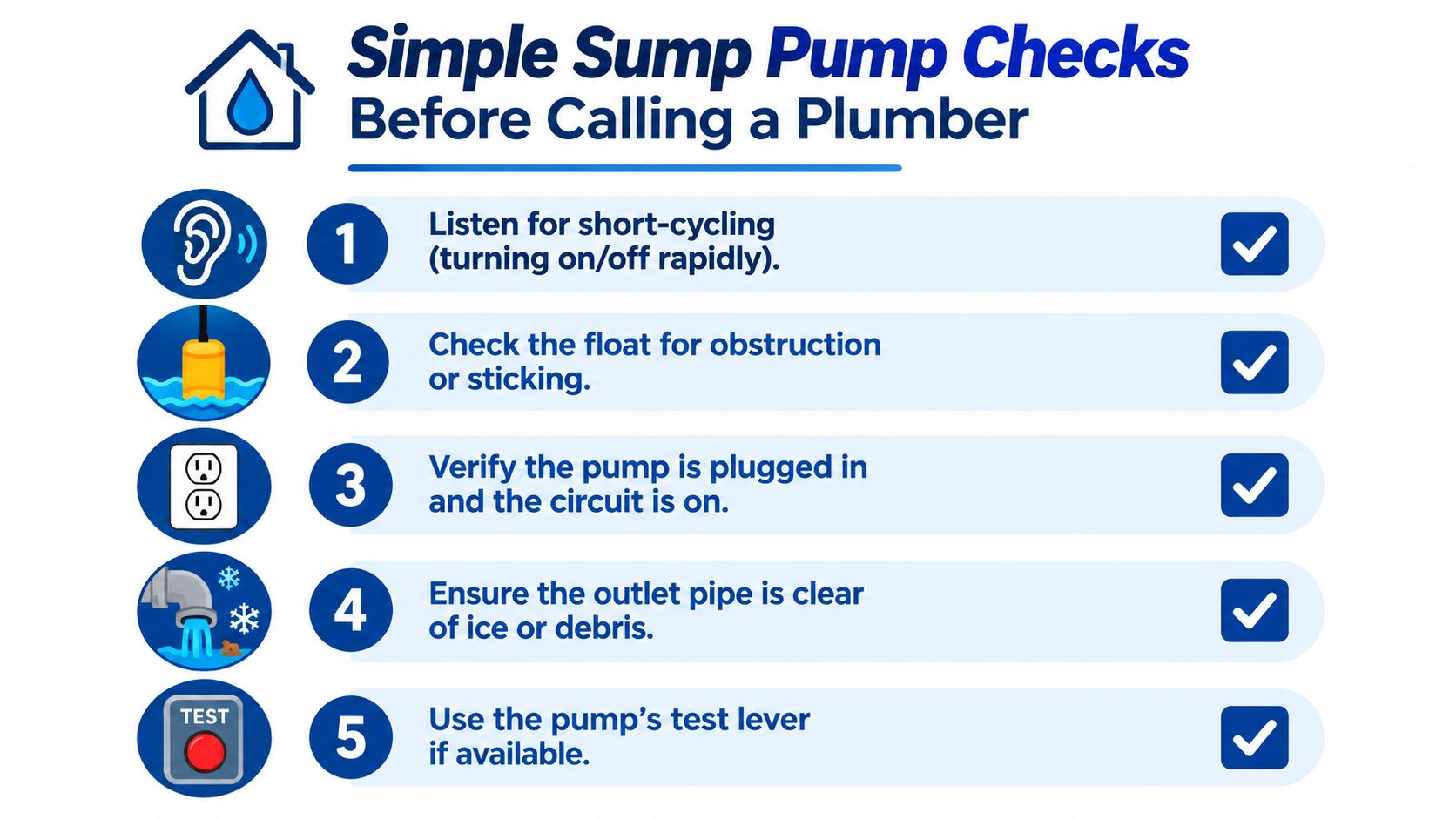 A checklist of five simple steps for troubleshooting a sump pump before contacting a professional plumber.
