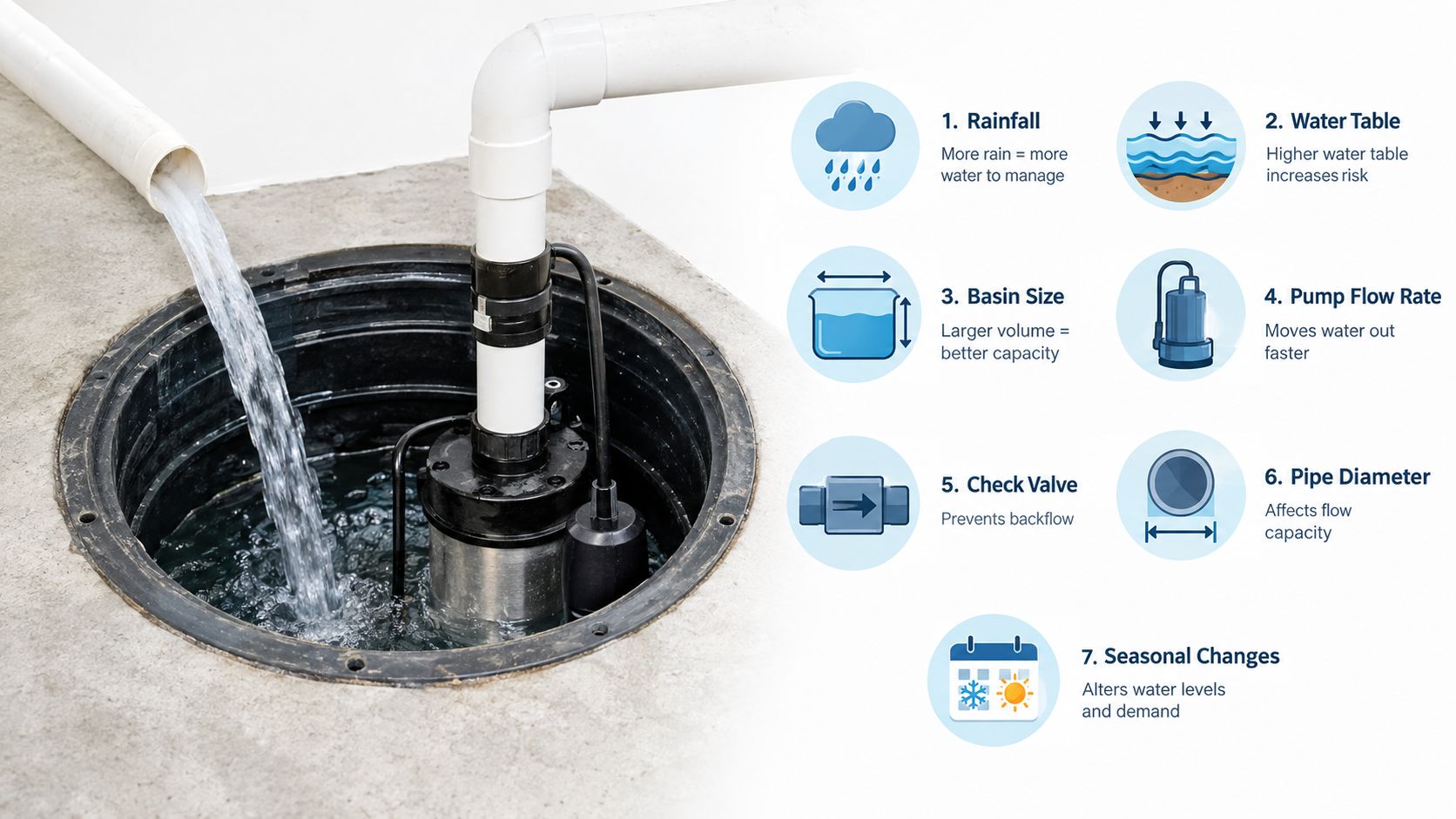 A diagram illustrating seven key factors that influence how often a sump pump should run.