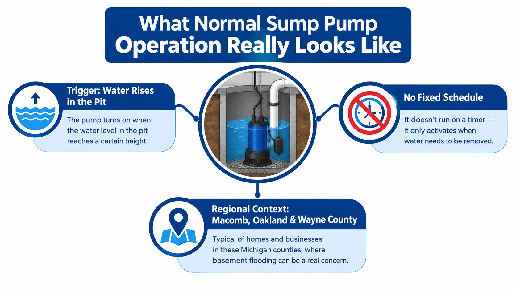 A diagram illustrating how a residential sump pump operates based on water levels rather than a schedule.