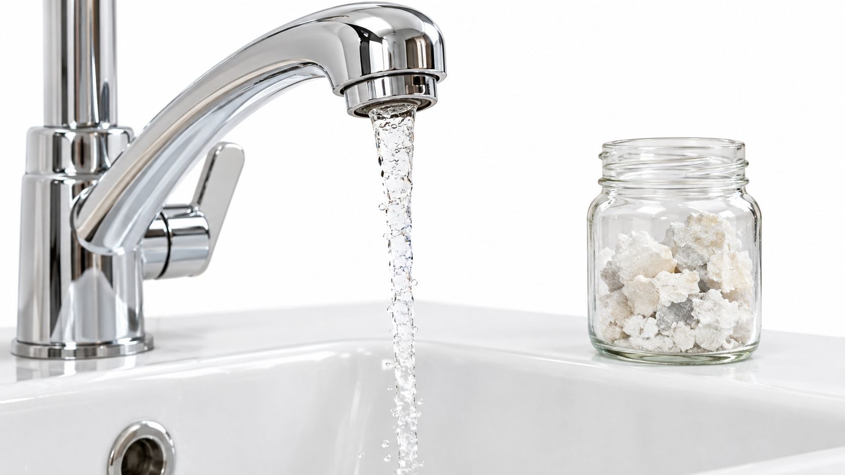 A chrome kitchen faucet dispensing water next to a glass jar filled with mineral salt rocks.