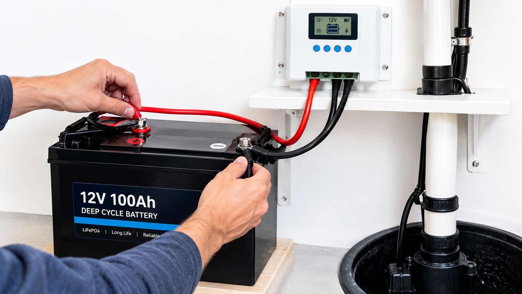 A technician connects red and black cables to the terminals of a 12V deep cycle battery backup unit.